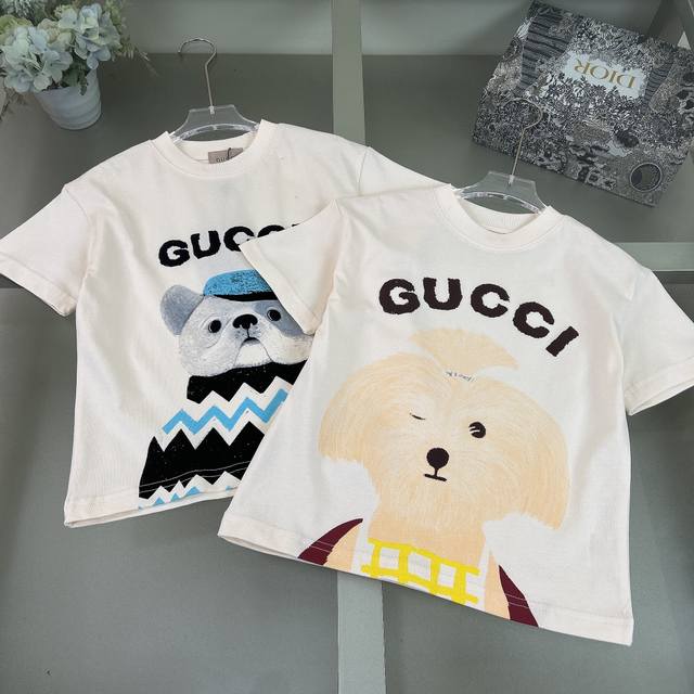 尺码：100-150Cm 无折 Gucci 古奇 2025早春童装新款短袖 小狗印花植绒发泡工艺T恤 原版品质 230G重磅面料 认准高品质 男童女童同款