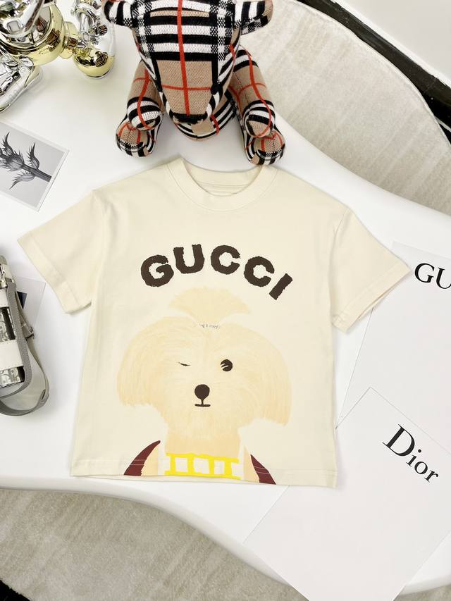 上新啦！ 无折 Gucci 古奇 2025早春童装新款短袖 小狗印花植绒发泡工艺T恤 原版品质 230G重磅面料 认准高品质 男童女童同款 颜色：米黄色 尺码: - 点击图像关闭