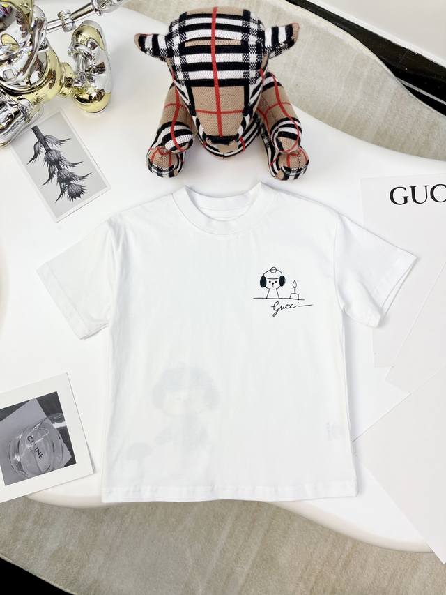 Hy上新 无折 出货三标齐全 Gucci 古奇 2025夏季童装新款短袖 印花撒银工艺T恤 原版品质 230G重磅面料 认准高品质 男童女童同款 颜色：白色 尺